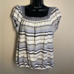 Max Studio Navy and White Patterned Cotton Blouse Embroidered Sz Medium